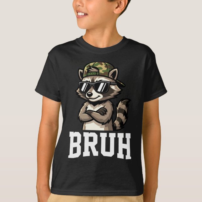 Bruh Raccoon Camo Hat Funny Youth Teens Kids Slang T-Shirt (Front)
