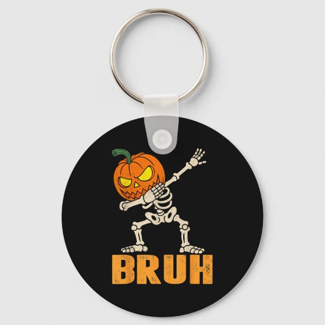 Bruh Skeleton Halloween Dabbing Boys Pumpkin Jack  Keychain (Front)