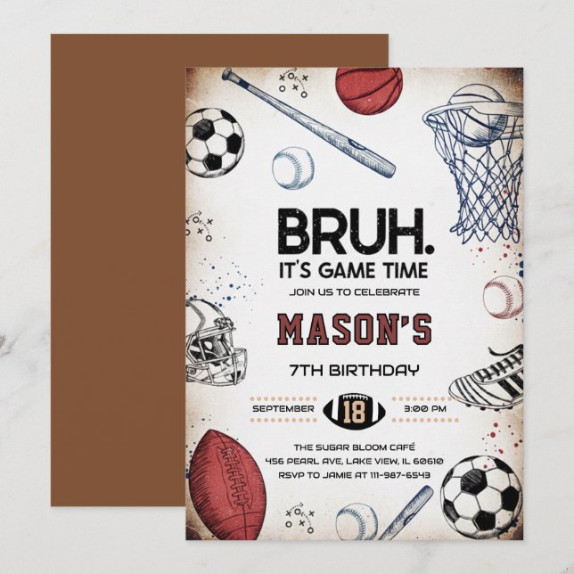 Bruh Sports Birthday Game Time Party Invitation (Front/Back)