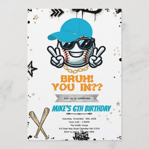Bruh Teen baseball Party Invitation