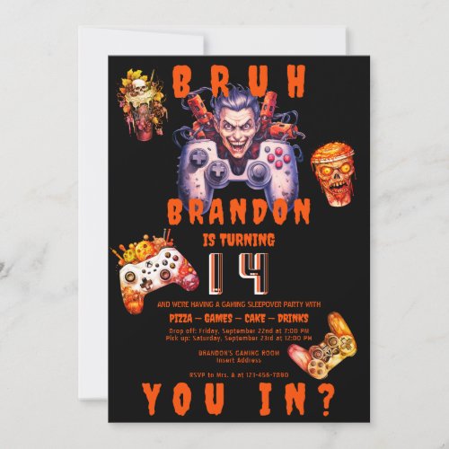 BRUH Teen Halloween Birthday Video Game Sleepover Invitation