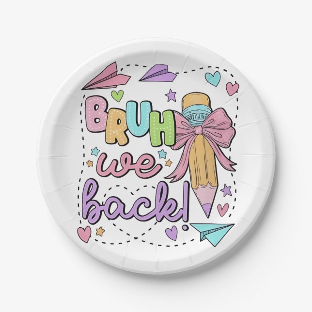 Bruh We Back Funny Back to School Kindergarten Paper Plates (Front)
