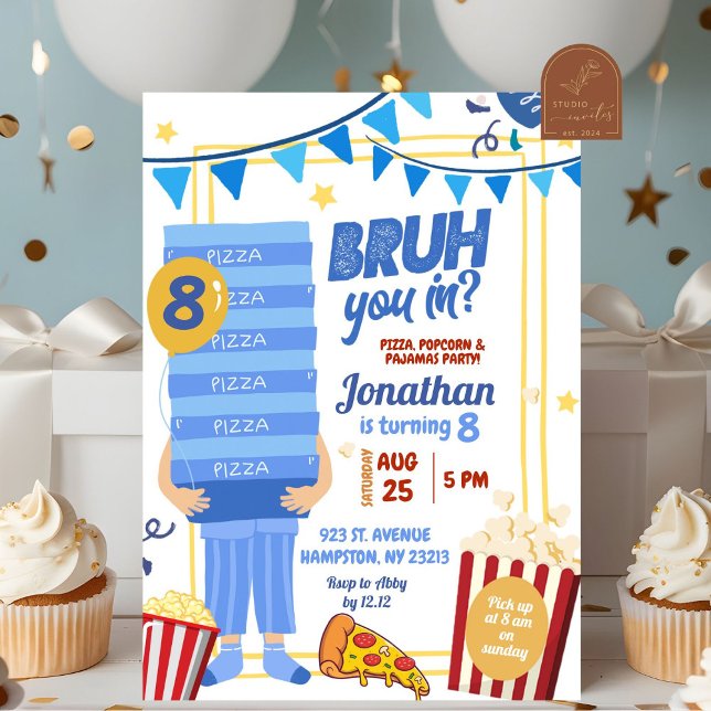 Bruh You in Blue Pizza Popcorn Pajamas Birthday Invitation (Creator Uploaded)