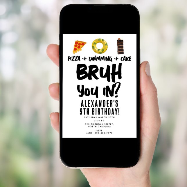 Bruh, You In? Boy Teenager Birthday Pizza Pool Invitation (Front Digital)