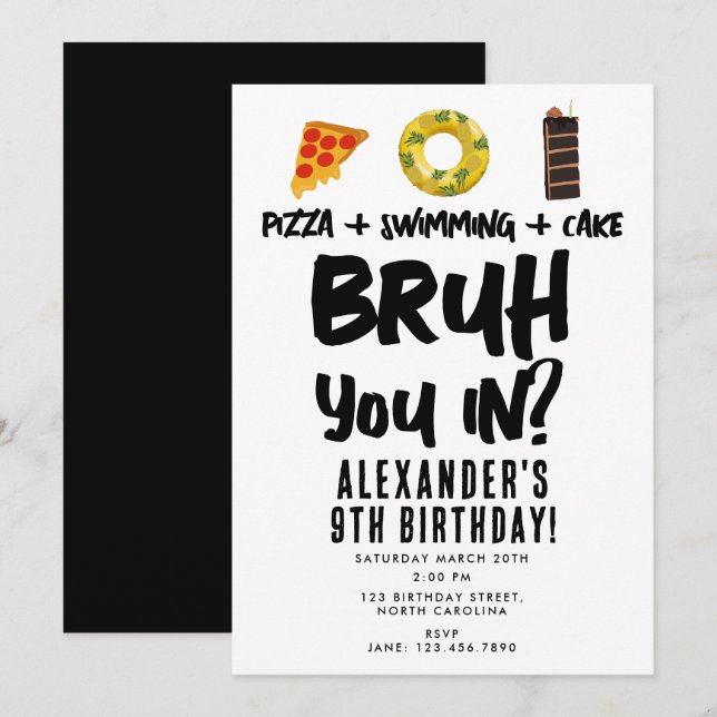 Bruh, You In? Boy Teenager Birthday Pizza Pool Invitation (Front/Back)