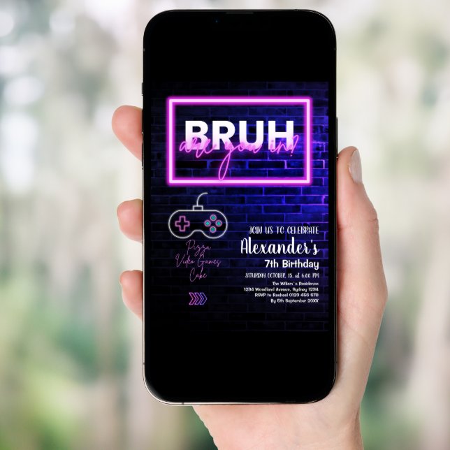 Bruh, You In? Neon Arcade Video Games Boy Birthday Invitation (Front Digital)