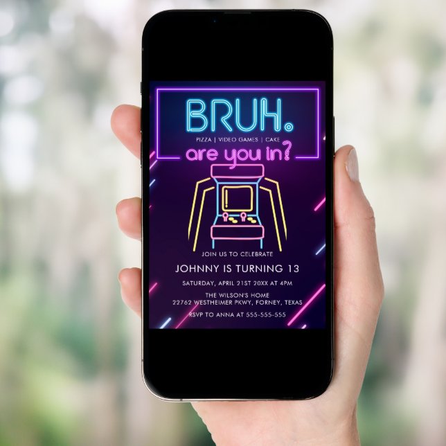 Bruh, You In? Neon Arcade Video Games Boy Birthday Invitation (Front Digital)