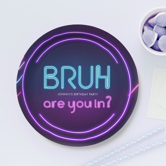 Bruh, You In? Neon Arcade Video Games Boy Birthday Paper Plates (Creator Uploaded)