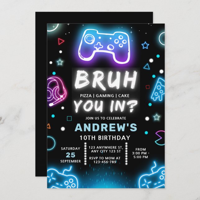 BRUH YOU IN? Neon Gamer Birthday Invitation (Front/Back)
