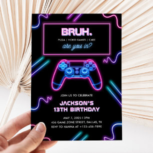 Bruh You In Neon Video Game Boy Birthday Invitation