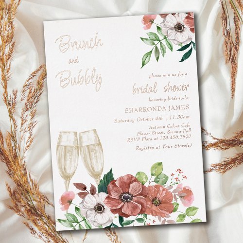 Brunch and Bubbly Autumn Bridal Shower Rose Gold Foil Invitation