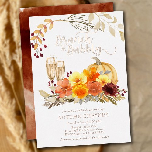 Brunch and Bubbly Autumn Bridal Shower Rose Gold Foil Invitation