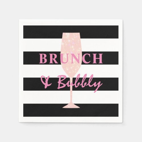Brunch and Bubbly Black and white Stripe  Pink Napkins