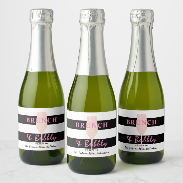 Brunch and Bubbly Black and white Stripe | Pink Sparkling Wine Label (Bottles)