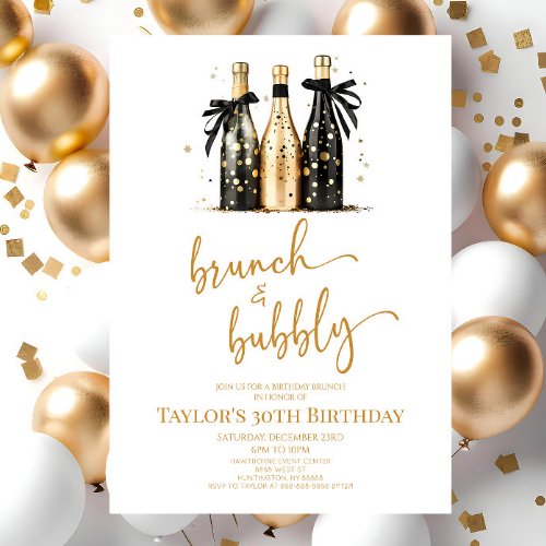 Brunch and Bubbly Black Gold Birthday Brunch Party Invitation
