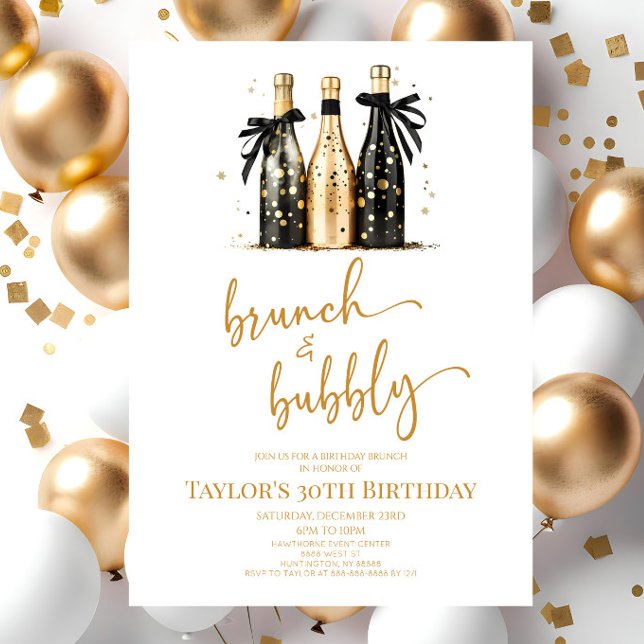Brunch and Bubbly Black Gold Birthday Brunch Party Invitation (Creator Uploaded)
