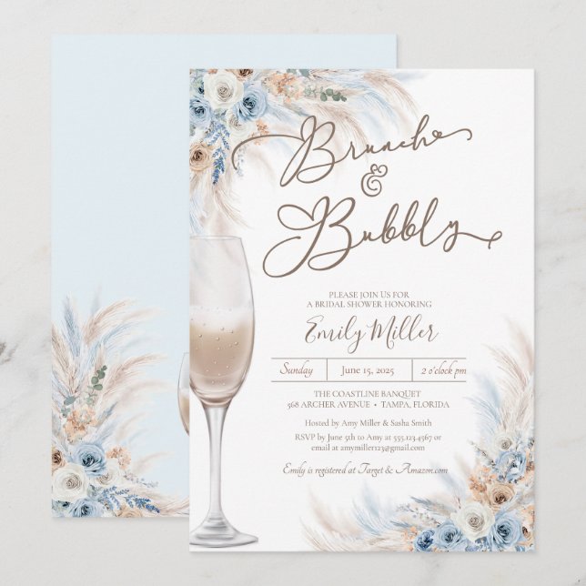 Brunch and Bubbly Blue Boho Pampas Bridal Shower Invitation (Front/Back)