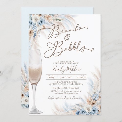 Brunch and Bubbly Blue Boho Pampas Bridal Shower Invitation