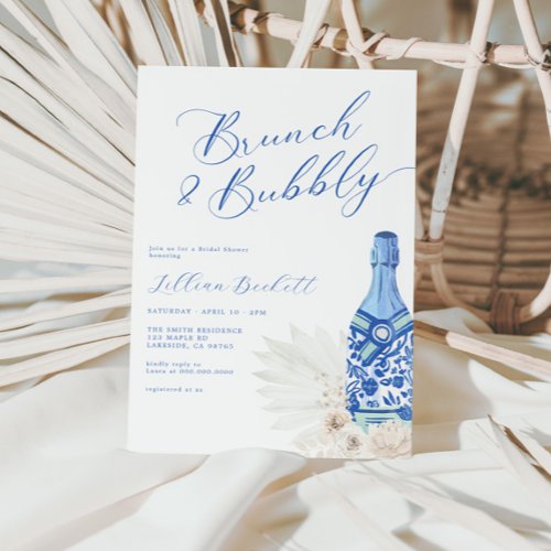 Brunch and Bubbly Blue Script Bridal Shower Invitation