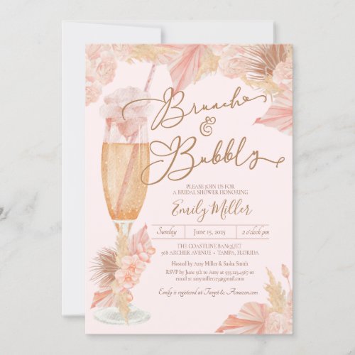 Brunch and Bubbly Blush Boho Pampas Bridal Shower Invitation