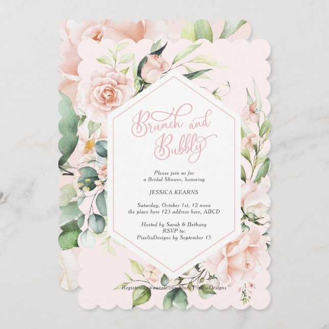 Brunch and bubbly blush chic watercolor floral invitation (Front/Back)