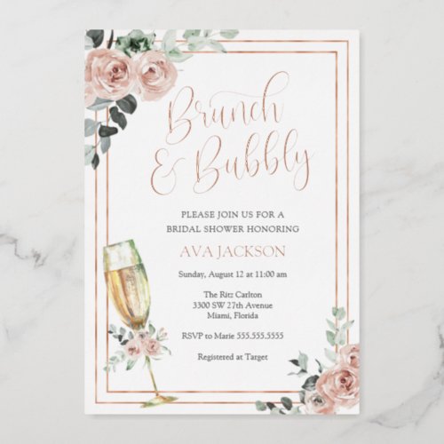 Brunch and Bubbly Blush Florals Bridal Shower Foil Invitation