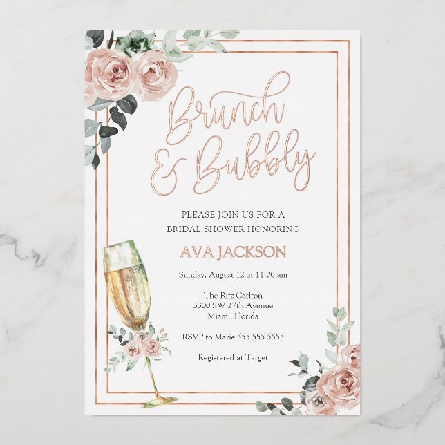 Brunch and Bubbly Blush Florals Bridal Shower Foil Invitation (Front)