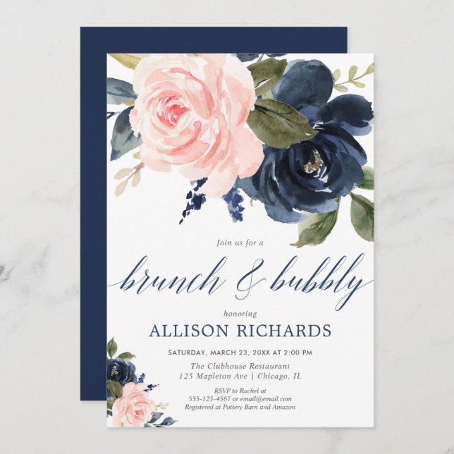 Brunch and Bubbly blush pink and navy blue Invitation (Front/Back)