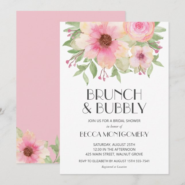 Brunch and Bubbly Blush Pink Floral Bridal Shower Invitation (Front/Back)