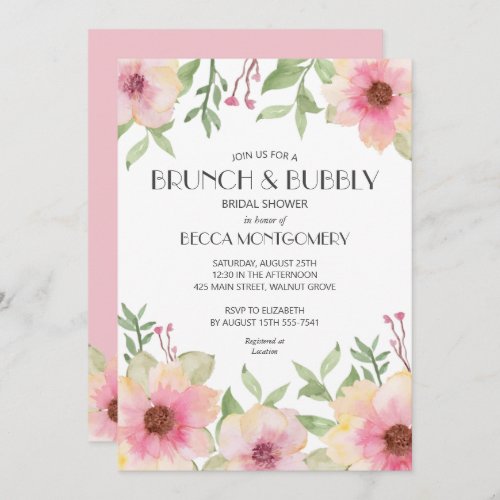 Brunch and Bubbly Blush Pink Floral Bridal Shower Invitation