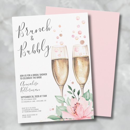 Brunch And Bubbly Blush Pink Floral Bridal Shower Invitation