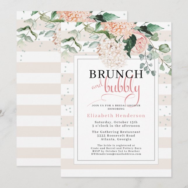 Brunch and Bubbly Blush Pink Floral Bridal Shower Invitation (Front/Back)