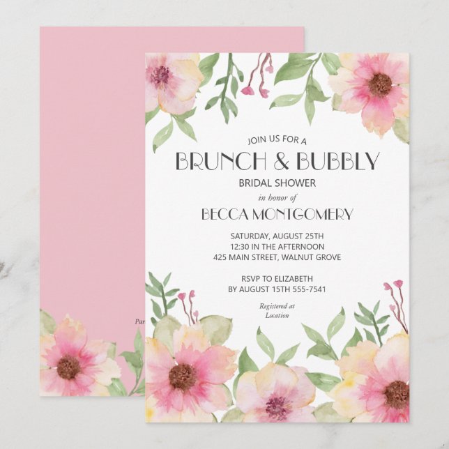 Brunch and Bubbly Blush Pink Floral Invites (Front/Back)