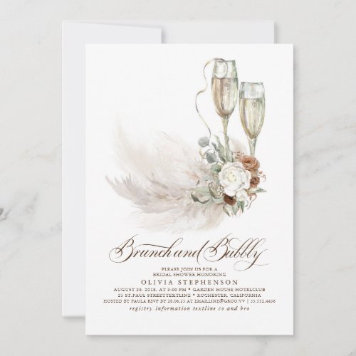 Brunch and Bubbly Boho Pampas Grass Bridal Shower Invitation