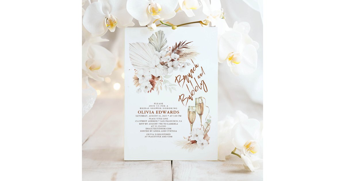 Brunch and Bubbly Boho Pampas Grass Bridal Shower Invitation | Zazzle