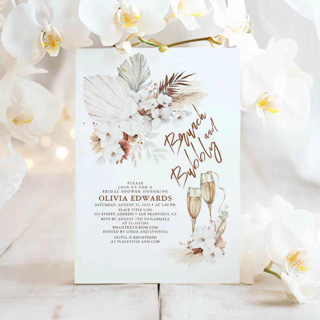 Brunch and Bubbly Boho Pampas Grass Bridal Shower Invitation | Zazzle