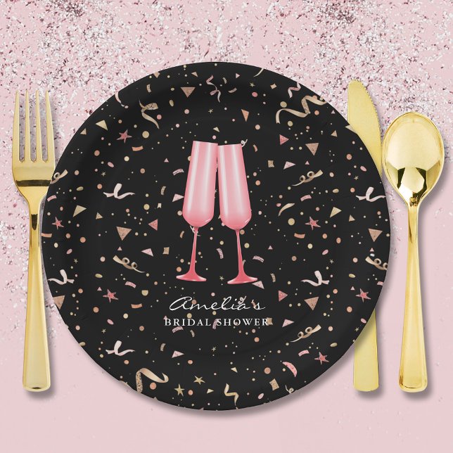 Brunch and Bubbly Bridal Shower Black Paper Plates (Brunch and bubbly pink champagne glasses bridal shower black paper plates)