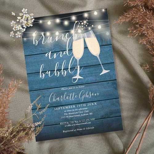 Brunch And Bubbly Bridal Shower Blue Rustic Wood Invitation