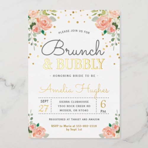 Brunch and Bubbly Bridal Shower Blush Peony Gold Foil Invitation