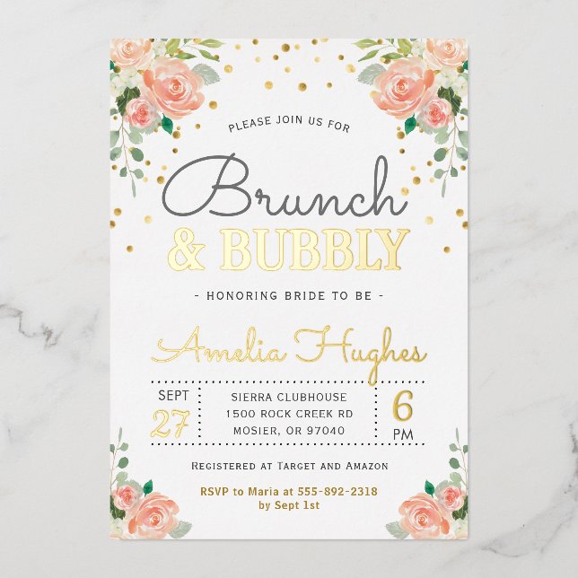 Brunch and Bubbly Bridal Shower Blush Peony Gold Foil Invitation (Front)