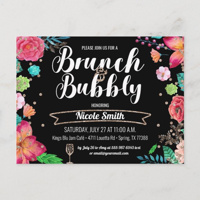 Brunch and Bubbly Bridal Shower Champagne Glitter Invitation Postcard (Front)