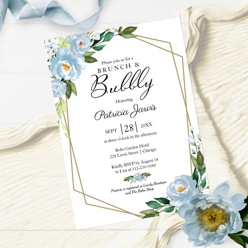 Brunch And Bubbly Bridal Shower Dusty Blue Floral Invitation