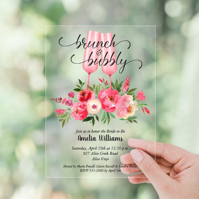 Brunch and Bubbly Bridal Shower Floral Acrylic Invitations (Brunch and Bubby flowers and champagne flutes bridal shower clear or frosted acrylic invitations)
