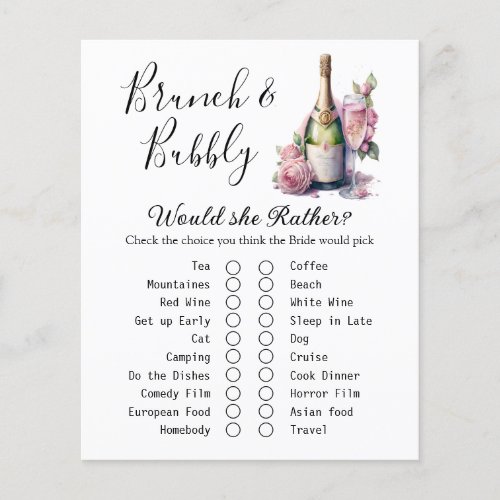 Brunch and Bubbly Bridal Shower Game Card