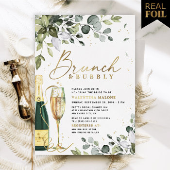 Brunch And Bubbly Bridal Shower Greenery Real Gold Foil Invitation by RusticWeddings at Zazzle