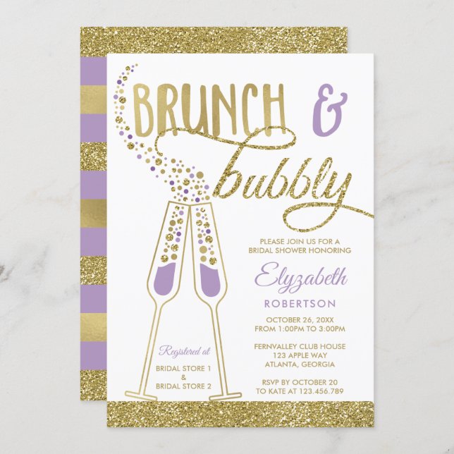 Brunch and Bubbly Bridal Shower Invite, Faux Gold Invitation (Front/Back)