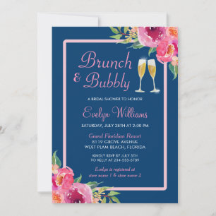 Brunch and Bubbly Bridal Shower Navy Pink Floral Invitation