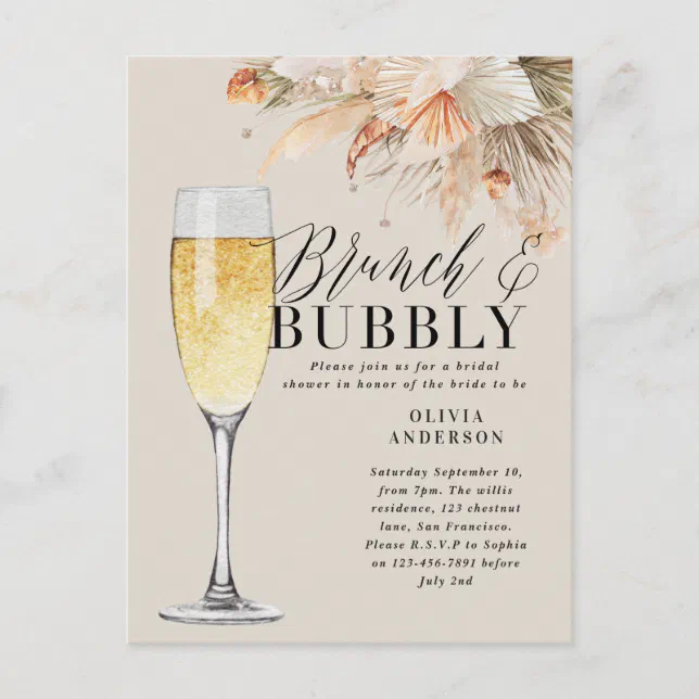 brunch and bubbly Bridal shower pampas grass Invit Postcard | Zazzle