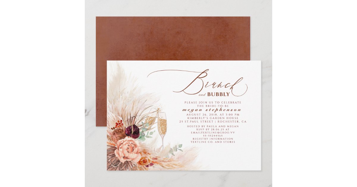 Brunch and Bubbly Bridal Shower Pampas Grass Invitation | Zazzle