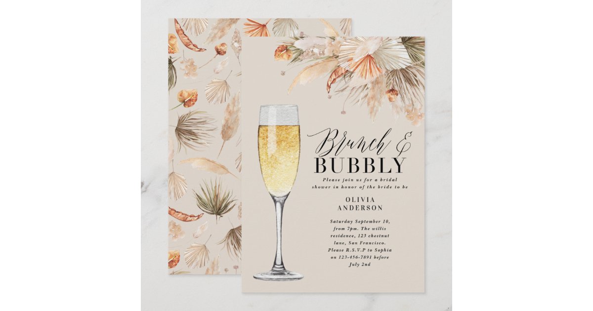 brunch and bubbly Bridal shower pampas grass Invitation | Zazzle